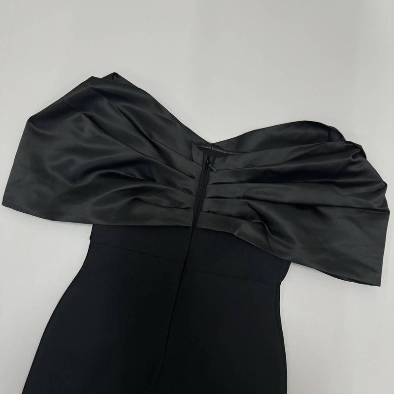 Off-Shoulder Embellished Black Midi Dress H6534