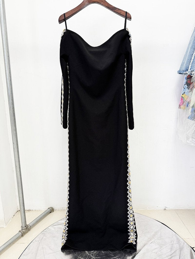 Off Shoulder Embellished Long Sleeve Gown H6782