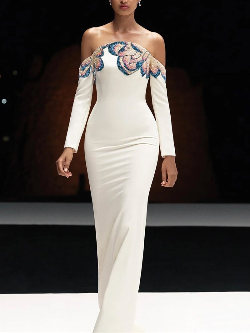 Off-Shoulder Embellished Mermaid Gown H7055