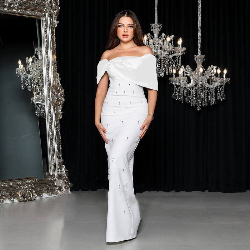 Off Shoulder Embellished Satin Gown H6805