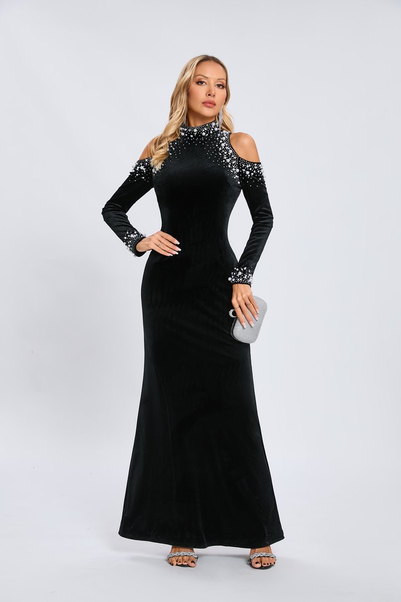 Off Shoulder Embellished Velvet Maxi Dress H6594
