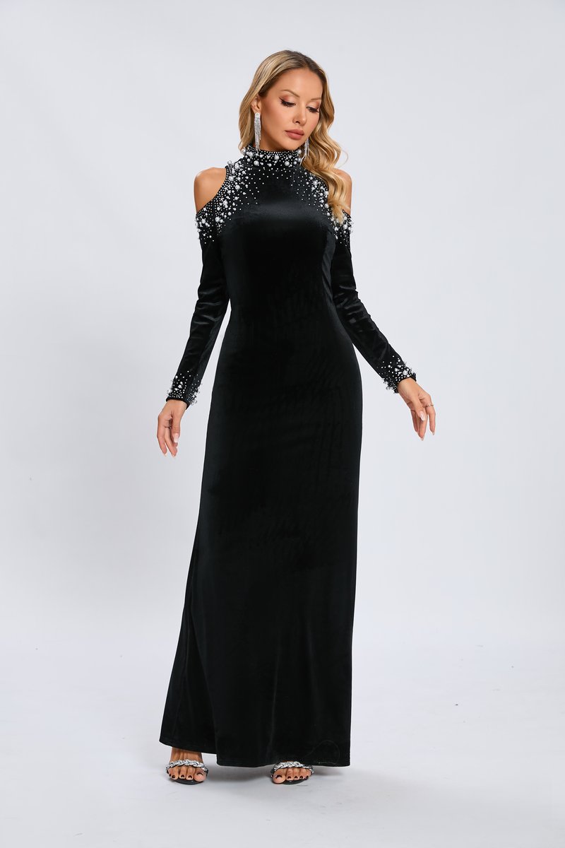 Off Shoulder Embellished Velvet Maxi Dress H6594