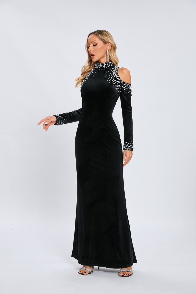 Off Shoulder Embellished Velvet Maxi Dress H6594