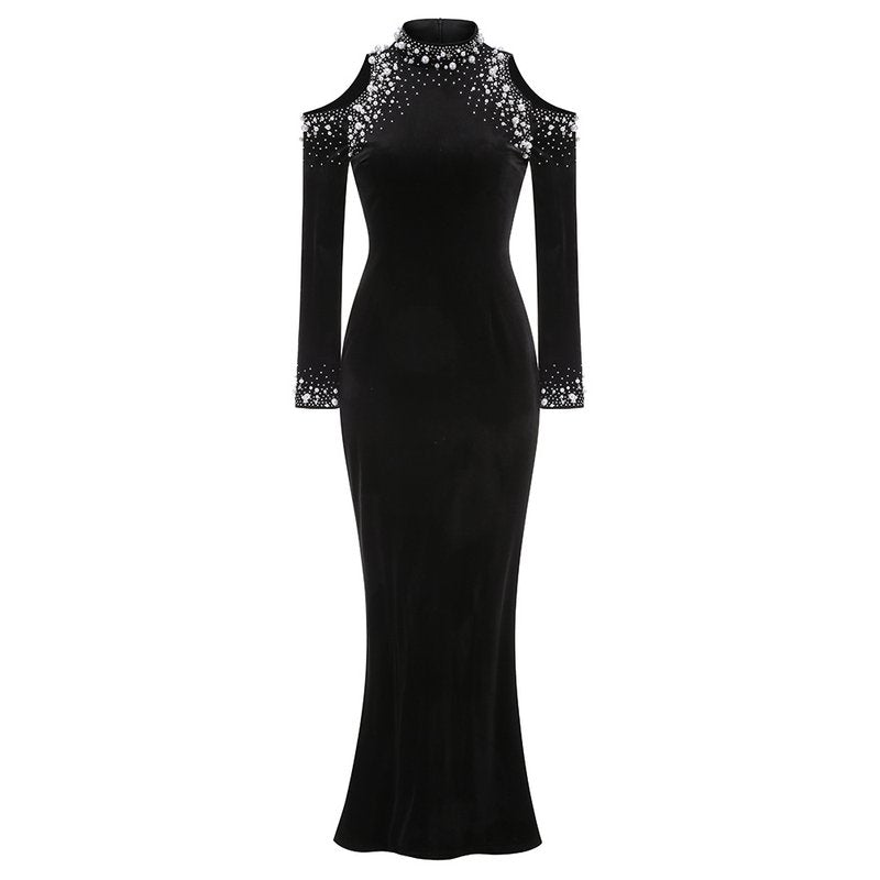 Off Shoulder Embellished Velvet Maxi Dress H6594