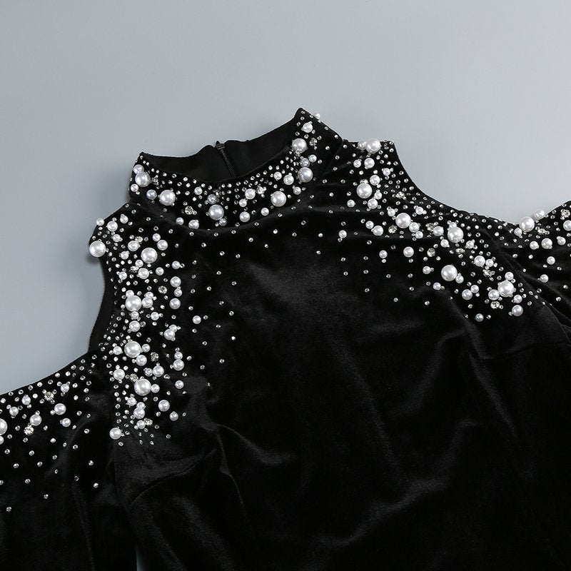 Off Shoulder Embellished Velvet Maxi Dress H6594