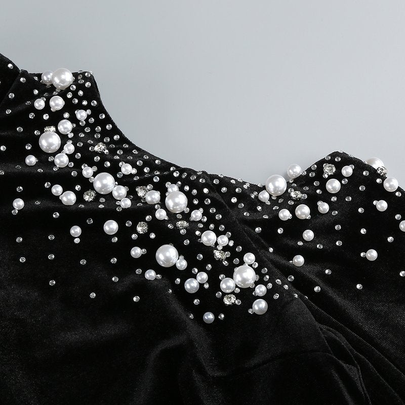 Off Shoulder Embellished Velvet Maxi Dress H6594