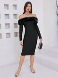 Off-Shoulder Faux Fur Bandage Dress H6675