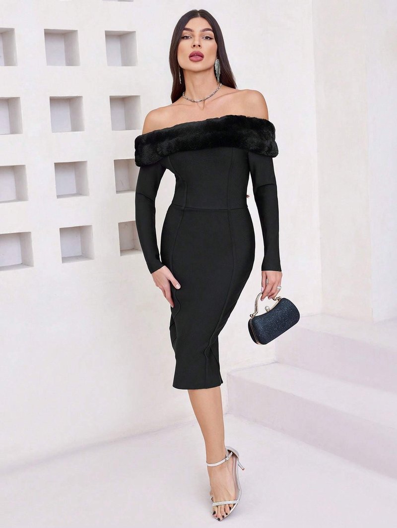 Off-Shoulder Faux Fur Bandage Dress H6675