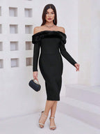 Off-Shoulder Faux Fur Bandage Dress H6675