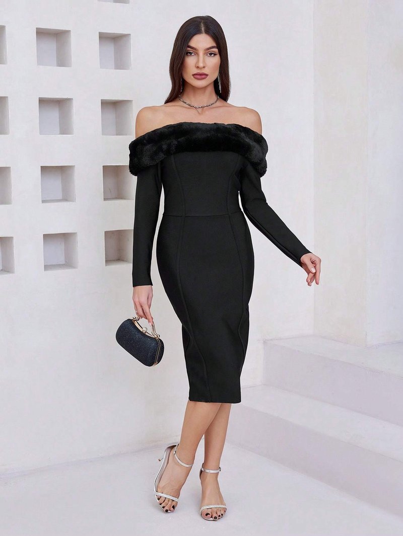 Off-Shoulder Faux Fur Bandage Dress H6675
