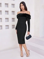 Off-Shoulder Faux Fur Bandage Dress H6675
