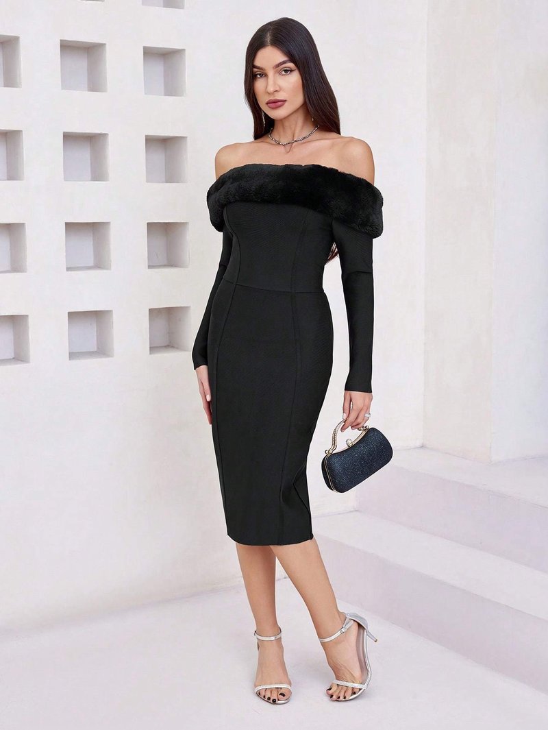 Off-Shoulder Faux Fur Bandage Dress H6675