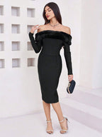 Off-Shoulder Faux Fur Bandage Dress H6675