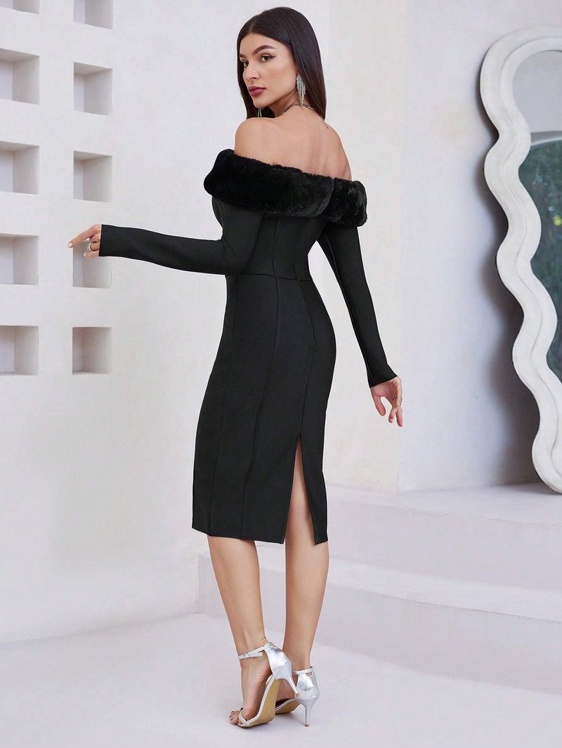 Off-Shoulder Faux Fur Bandage Dress H6675