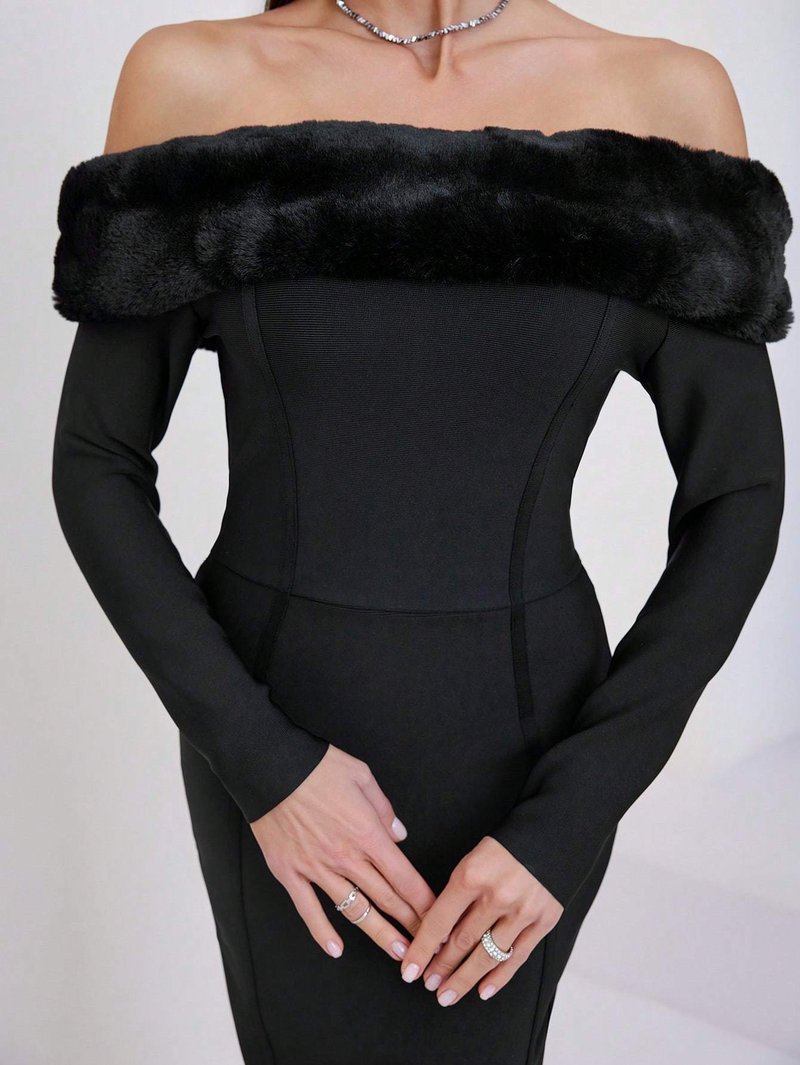 Off-Shoulder Faux Fur Bandage Dress H6675