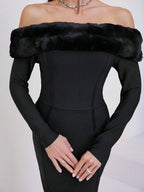 Off-Shoulder Faux Fur Bandage Dress H6675