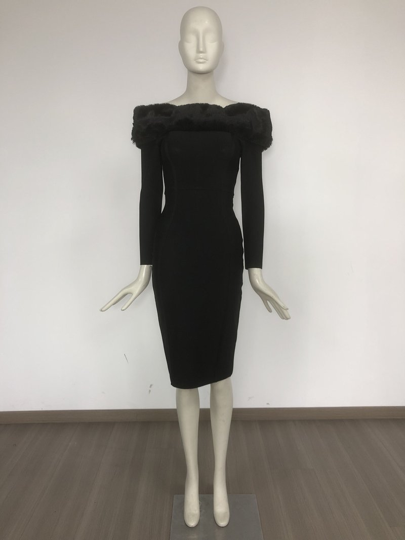 Off-Shoulder Faux Fur Bandage Dress H6675