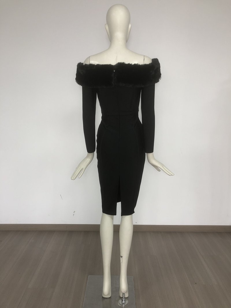 Off-Shoulder Faux Fur Bandage Dress H6675