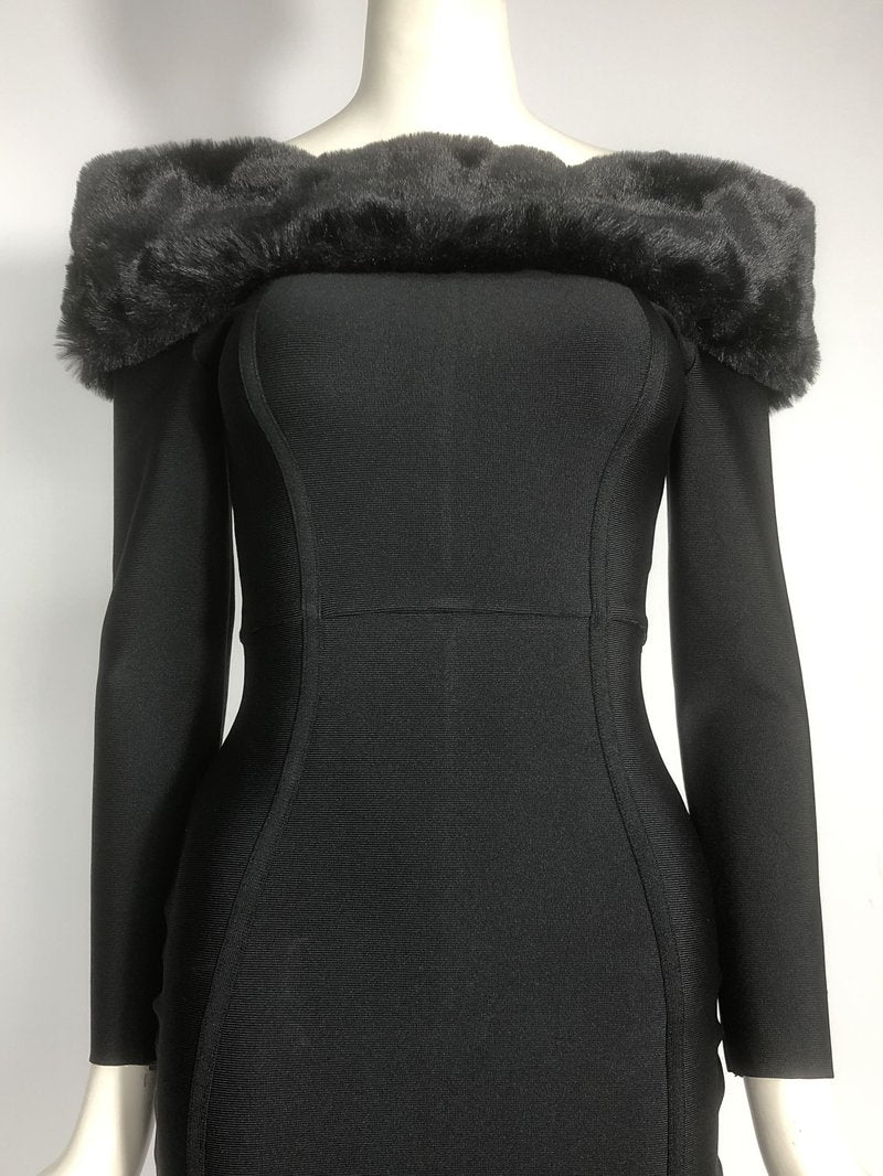 Off-Shoulder Faux Fur Bandage Dress H6675