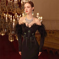 Off-Shoulder Feather Embellished Gown H6656