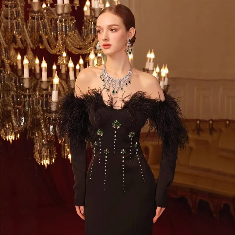 Off-Shoulder Feather Embellished Gown H6656