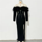 Off-Shoulder Feather Embellished Gown H6656