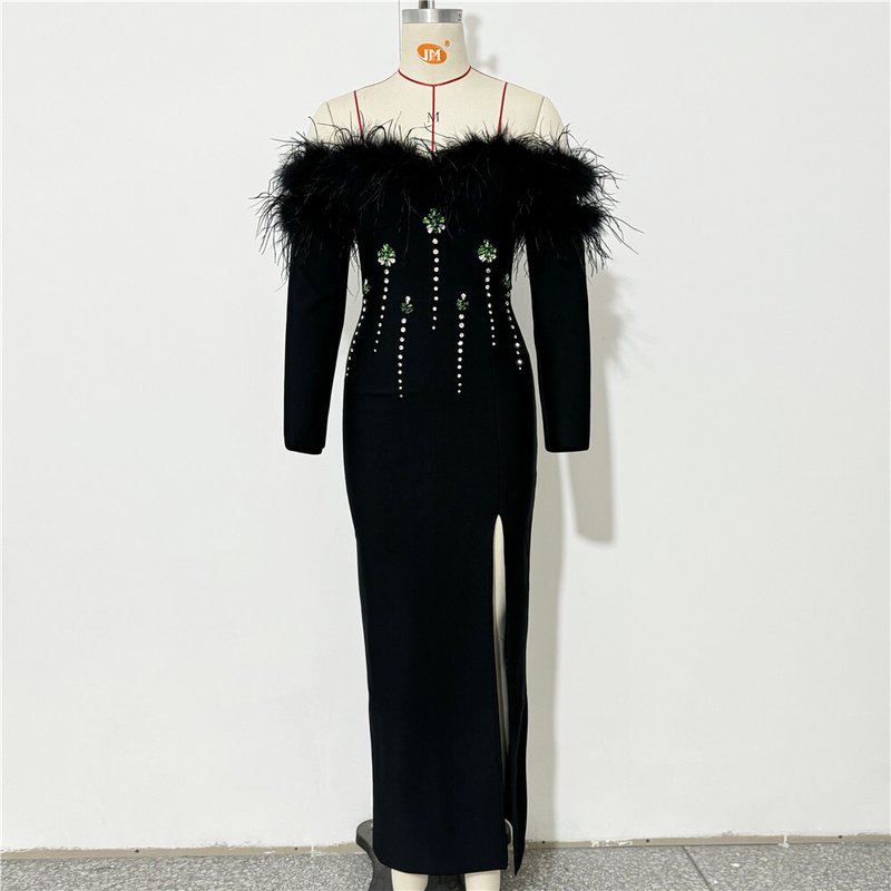 Off-Shoulder Feather Embellished Gown H6656