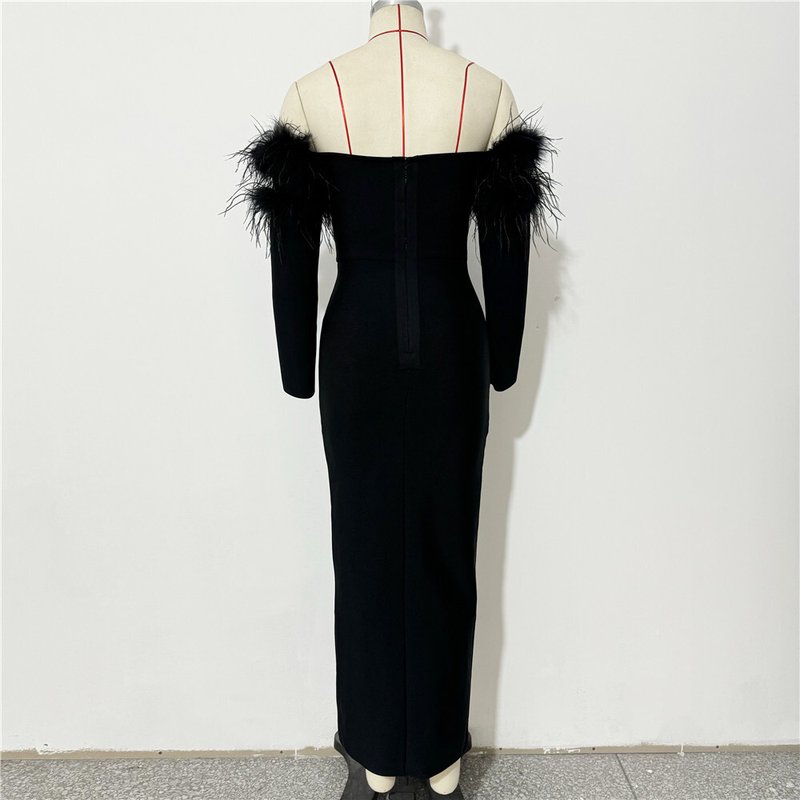 Off-Shoulder Feather Embellished Gown H6656