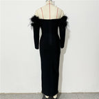 Off-Shoulder Feather Embellished Gown H6656