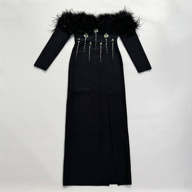Off-Shoulder Feather Embellished Gown H6656
