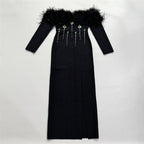 Off-Shoulder Feather Embellished Gown H6656