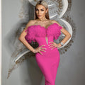 Off Shoulder Feather Pink Bandage Dress H6018