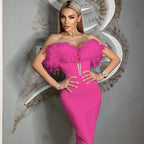Off Shoulder Feather Pink Bandage Dress H6018