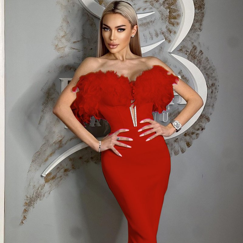 Off Shoulder Feather Pink Bandage Dress H6018