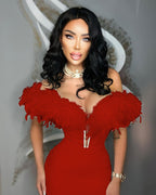 Off Shoulder Feather Pink Bandage Dress H6018