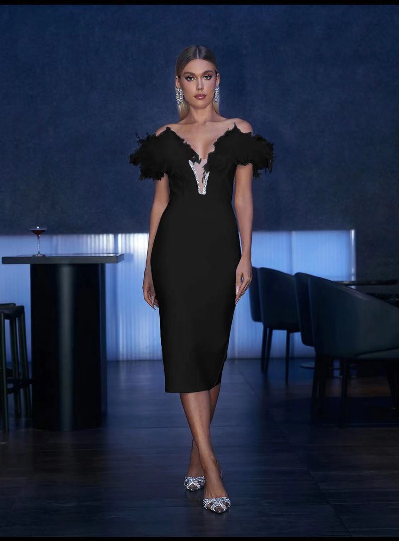 Off Shoulder Feather Pink Bandage Dress H6018