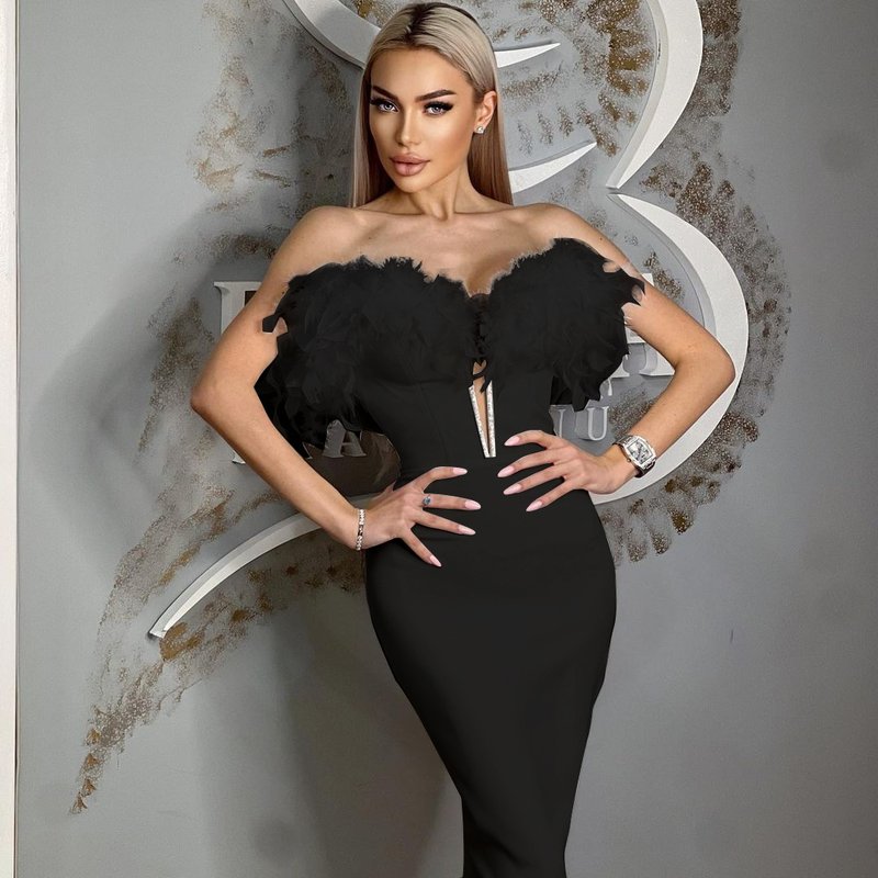 Off Shoulder Feather Pink Bandage Dress H6018