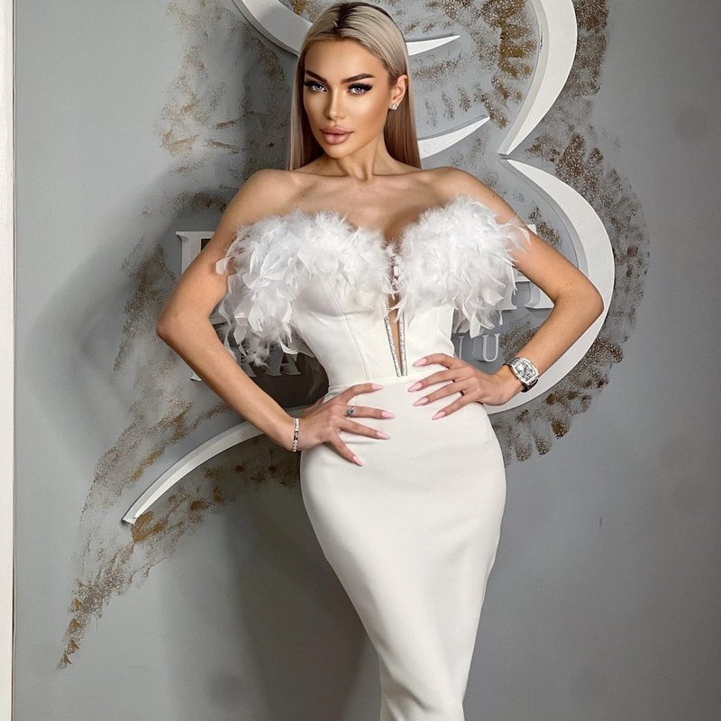 Off Shoulder Feather Pink Bandage Dress H6018