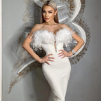 Off Shoulder Feather Pink Bandage Dress H6018