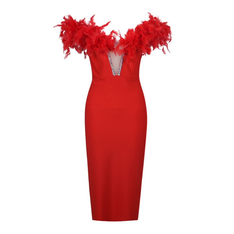 Off Shoulder Feather Pink Bandage Dress H6018