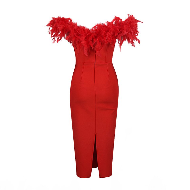 Off Shoulder Feather Pink Bandage Dress H6018