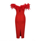 Off Shoulder Feather Pink Bandage Dress H6018