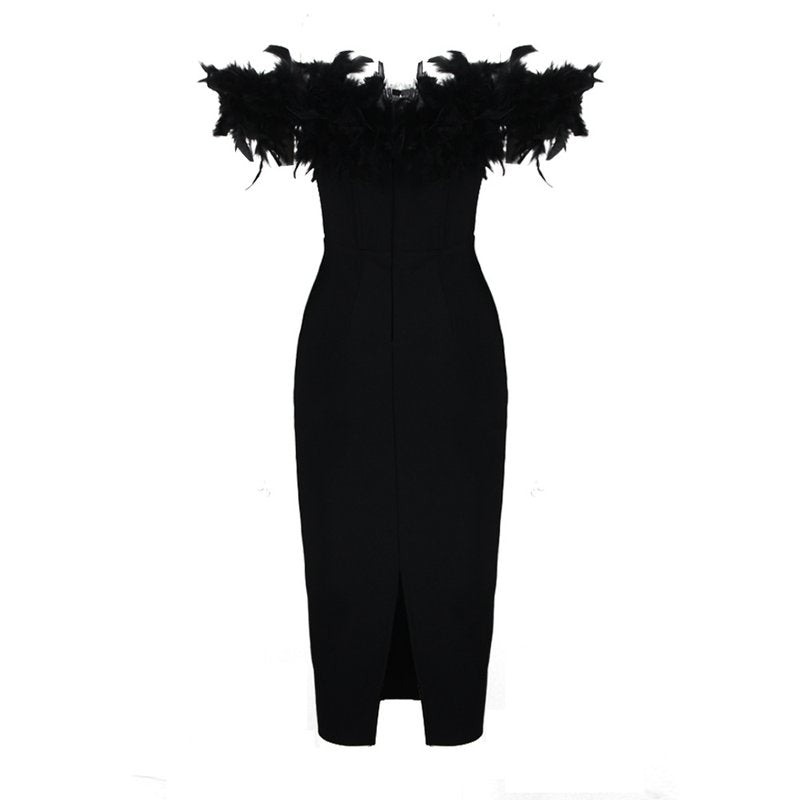 Off Shoulder Feather Pink Bandage Dress H6018