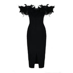 Off Shoulder Feather Pink Bandage Dress H6018