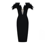 Off Shoulder Feather Pink Bandage Dress H6018