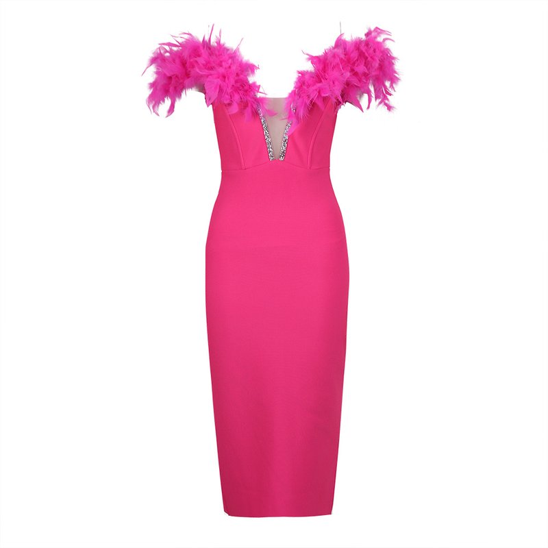 Off Shoulder Feather Pink Bandage Dress H6018