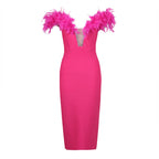 Off Shoulder Feather Pink Bandage Dress H6018