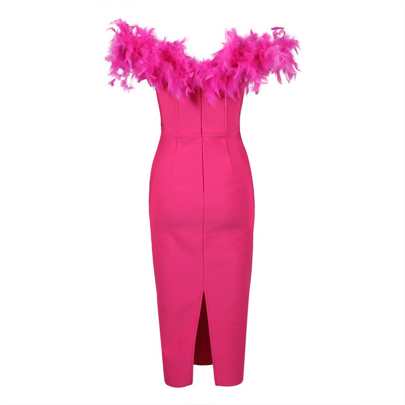 Off Shoulder Feather Pink Bandage Dress H6018