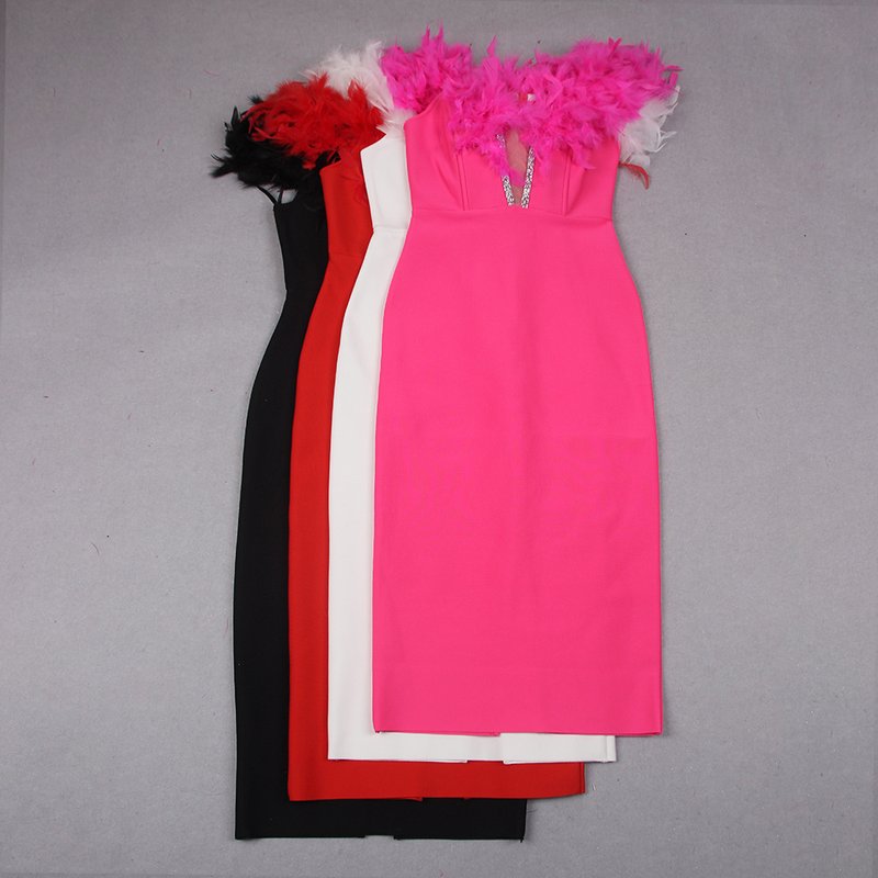 Off Shoulder Feather Pink Bandage Dress H6018