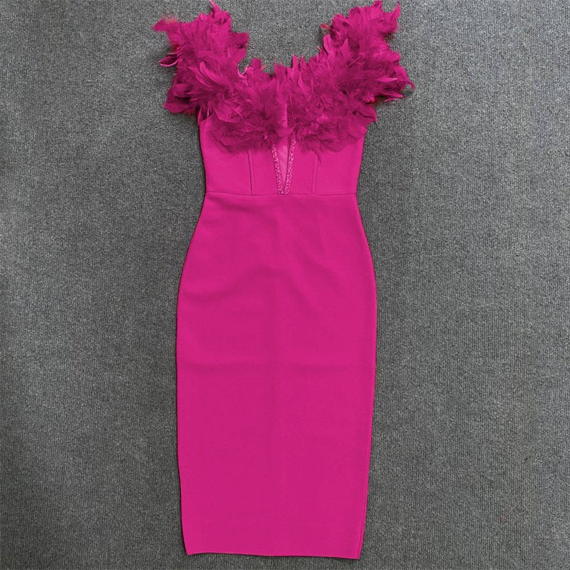 Off Shoulder Feather Pink Bandage Dress H6018